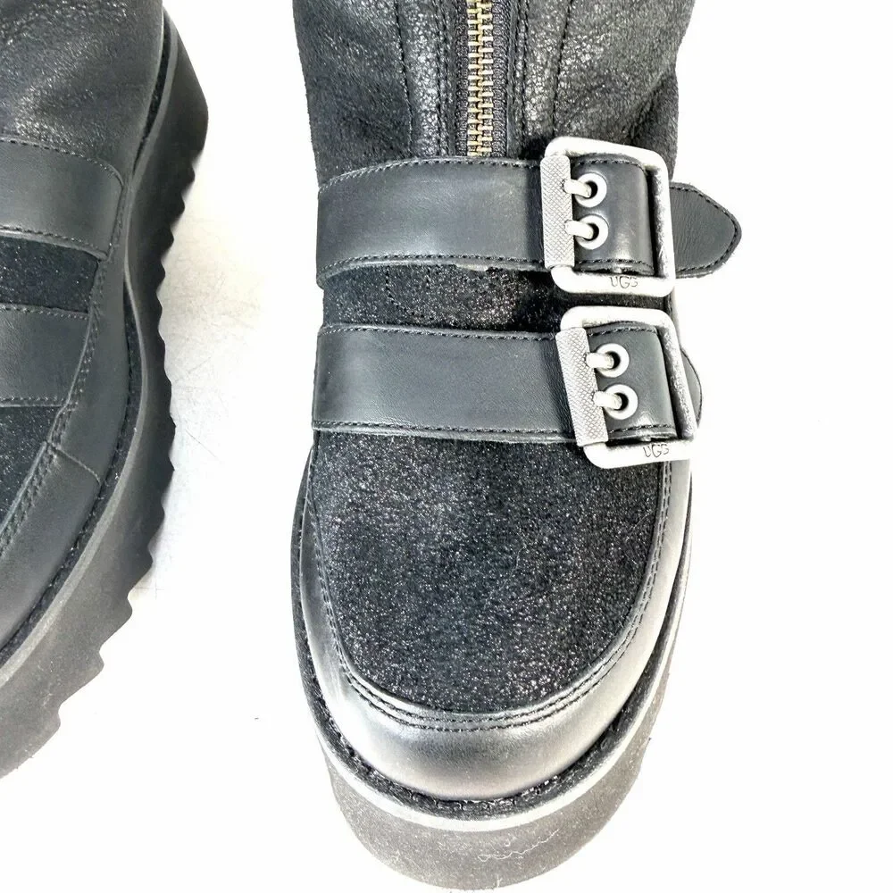 UGG Moto Punk OTK Boot Black Biker Buckle Zipper Round Toe Women's Size 10